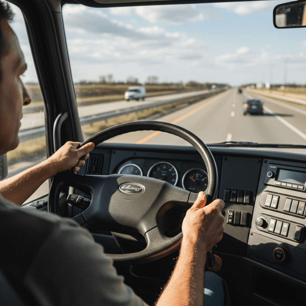 Truck driver in cab ready for freight transport